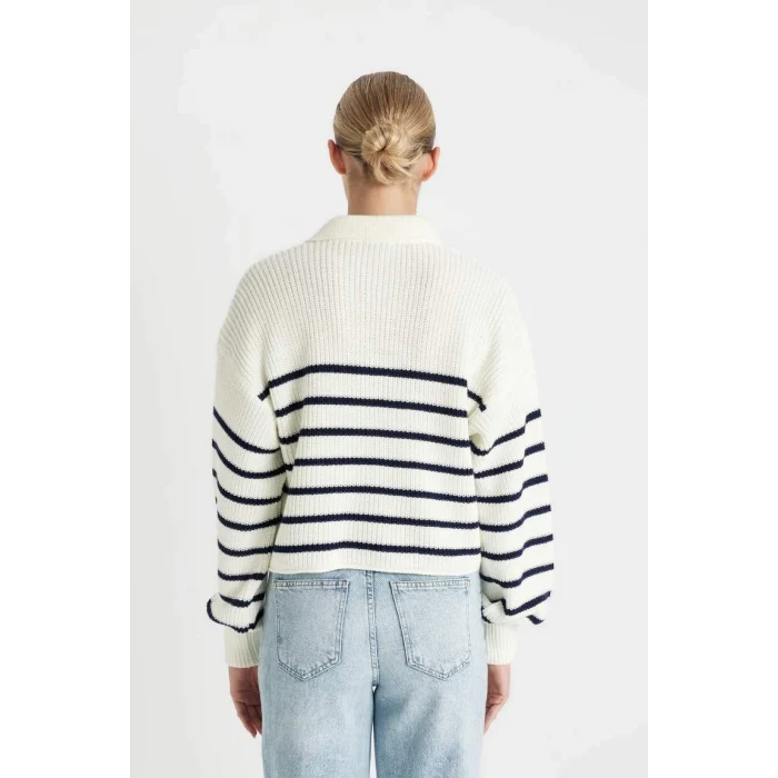 C4918 Coool Relax Fit Polo Yaka Yarım Düğmeli Çizgili Triko Kazak