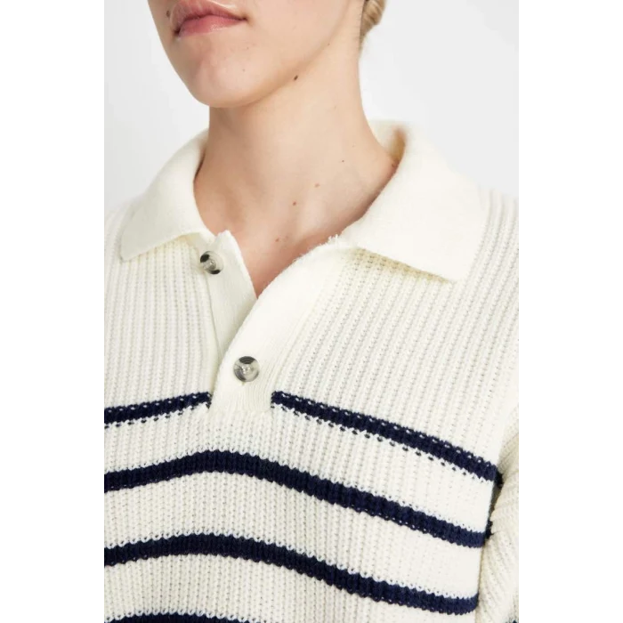 C4918 Coool Relax Fit Polo Yaka Yarım Düğmeli Çizgili Triko Kazak