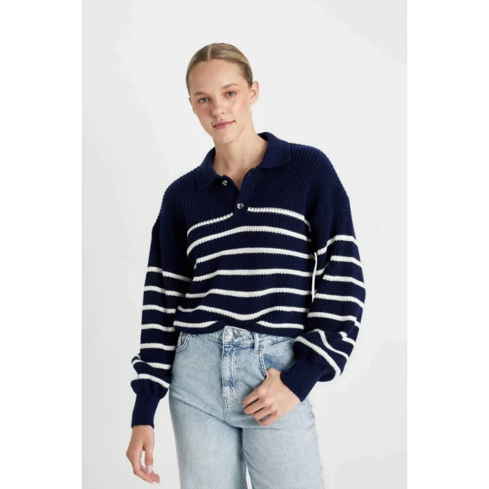 C4918 Coool Relax Fit Polo Yaka Yarım Düğmeli Çizgili Triko Kazak