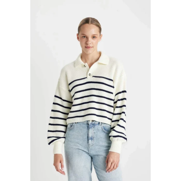 C4918 Coool Relax Fit Polo Yaka Yarım Düğmeli Çizgili Triko Kazak