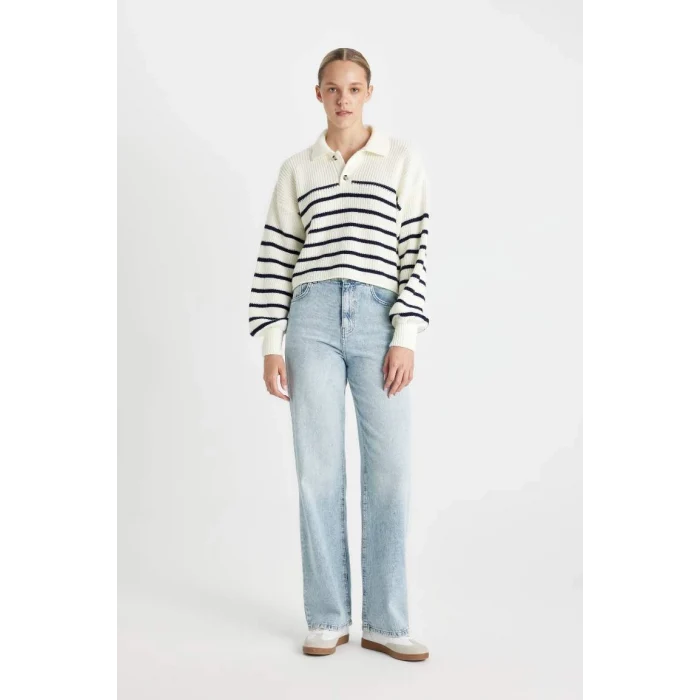 C4918 Coool Relax Fit Polo Yaka Yarım Düğmeli Çizgili Triko Kazak