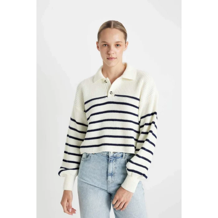 C4918 Coool Relax Fit Polo Yaka Yarım Düğmeli Çizgili Triko Kazak