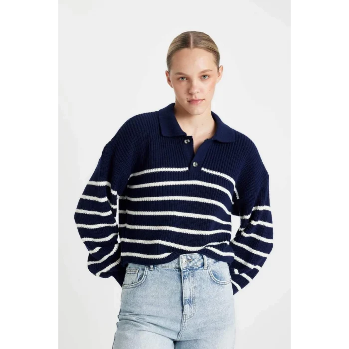 C4918 Coool Relax Fit Polo Yaka Yarım Düğmeli Çizgili Triko Kazak