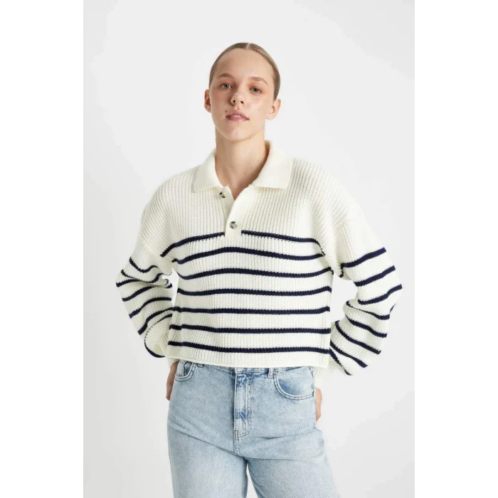 C4918 Coool Relax Fit Polo Yaka Yarım Düğmeli Çizgili Triko Kazak