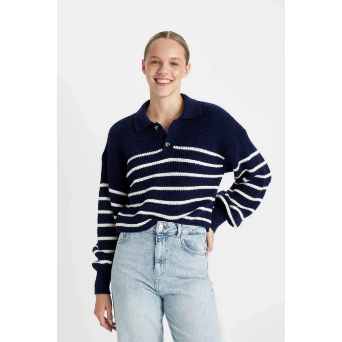 C4918 Coool Relax Fit Polo Yaka Yarım Düğmeli Çizgili Triko Kazak