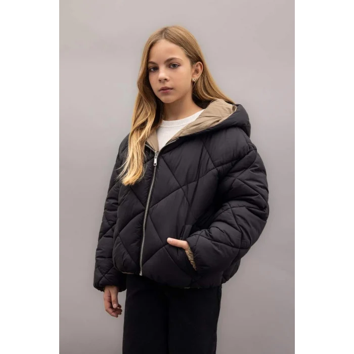 C5492 Su İtici Çift Taraflı Kapüşonlu Kapitoneli Fermuarlı Cepli Şişme Mont