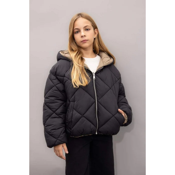 C5492 Su İtici Çift Taraflı Kapüşonlu Kapitoneli Fermuarlı Cepli Şişme Mont