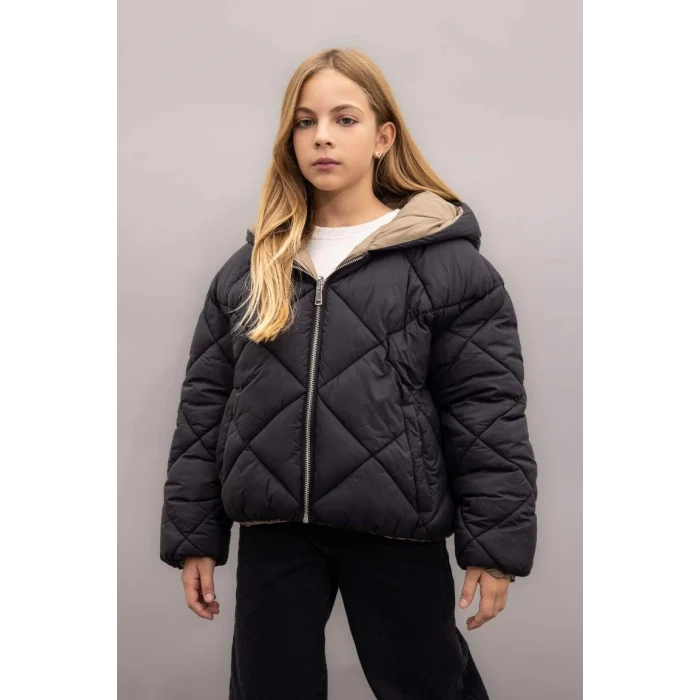 C5492 Su İtici Çift Taraflı Kapüşonlu Kapitoneli Fermuarlı Cepli Şişme Mont