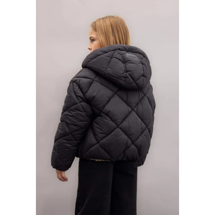 C5492 Su İtici Çift Taraflı Kapüşonlu Kapitoneli Fermuarlı Cepli Şişme Mont