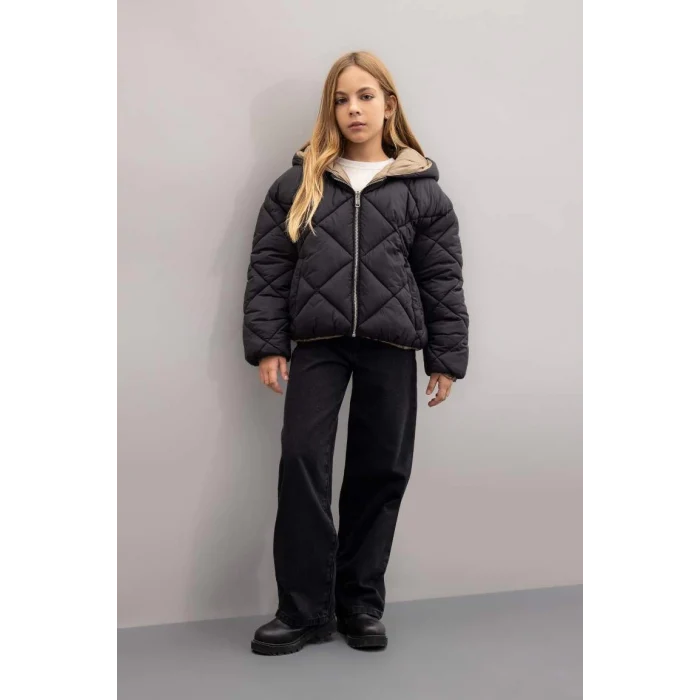 C5492 Su İtici Çift Taraflı Kapüşonlu Kapitoneli Fermuarlı Cepli Şişme Mont