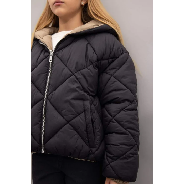 C5492 Su İtici Çift Taraflı Kapüşonlu Kapitoneli Fermuarlı Cepli Şişme Mont