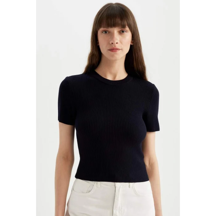 C5638 Crop Bisiklet Yaka Basic Düz Fitilli Kısa Kollu Triko Kazak