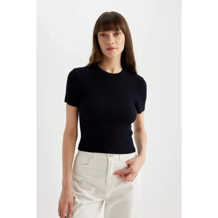 C5638 Crop Bisiklet Yaka Basic Düz Fitilli Kısa Kollu Triko Kazak