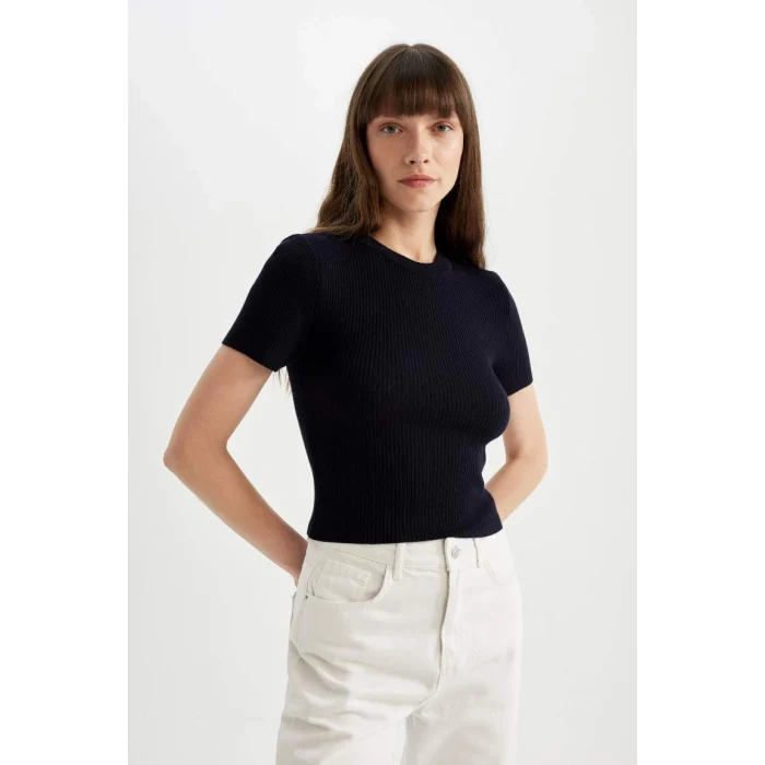 C5638 Crop Bisiklet Yaka Basic Düz Fitilli Kısa Kollu Triko Kazak