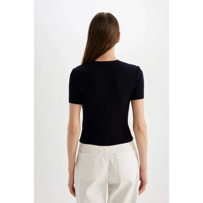 C5638 Crop Bisiklet Yaka Basic Düz Fitilli Kısa Kollu Triko Kazak