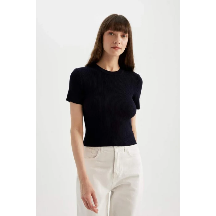 C5638 Crop Bisiklet Yaka Basic Düz Fitilli Kısa Kollu Triko Kazak