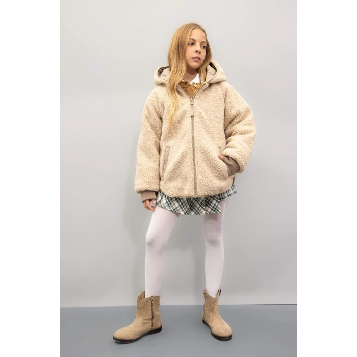 C5770 Çift Taraflı Fermuarlı Kapüşonlu Cepli Pelüş Mont