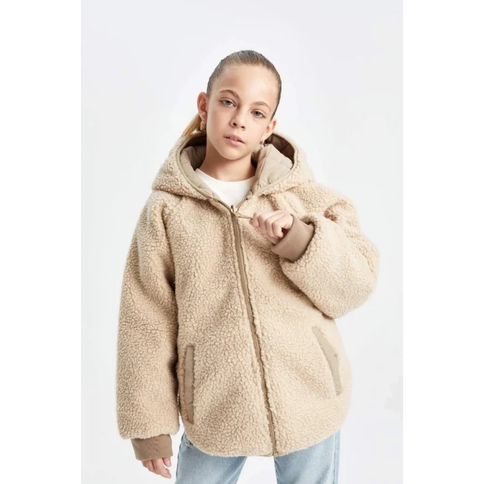 C5770 Çift Taraflı Fermuarlı Kapüşonlu Cepli Pelüş Mont