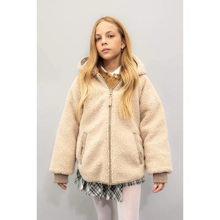 C5770 Çift Taraflı Fermuarlı Kapüşonlu Cepli Pelüş Mont