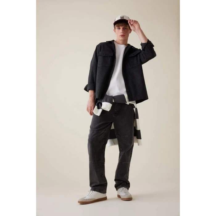 C5961 Relax Fit Akrilik Karışımlı Basic Düz Uzun Kollu Gömlek Ceket