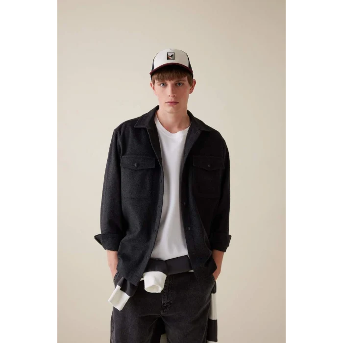 C5961 Relax Fit Akrilik Karışımlı Basic Düz Uzun Kollu Gömlek Ceket