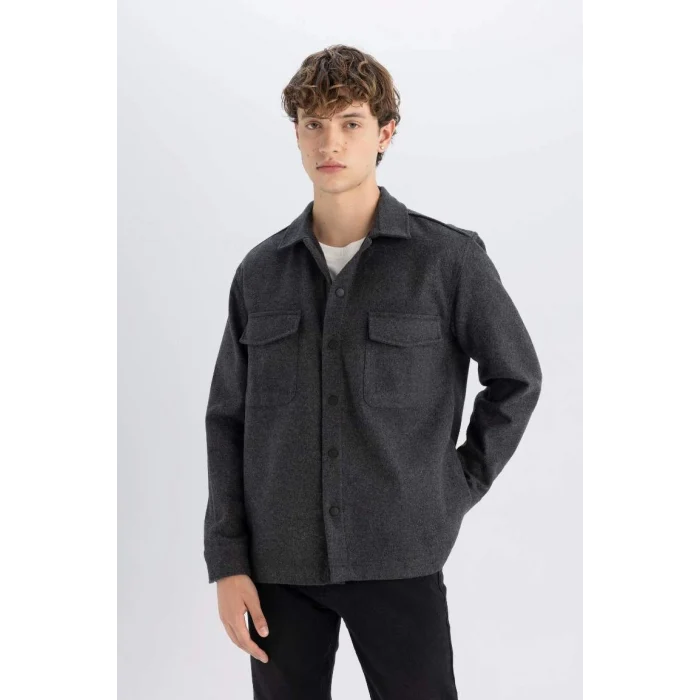 C5961 Relax Fit Akrilik Karışımlı Basic Düz Uzun Kollu Gömlek Ceket