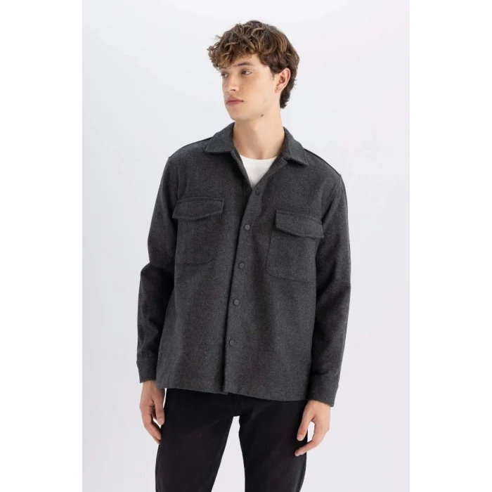 C5961 Relax Fit Akrilik Karışımlı Basic Düz Uzun Kollu Gömlek Ceket