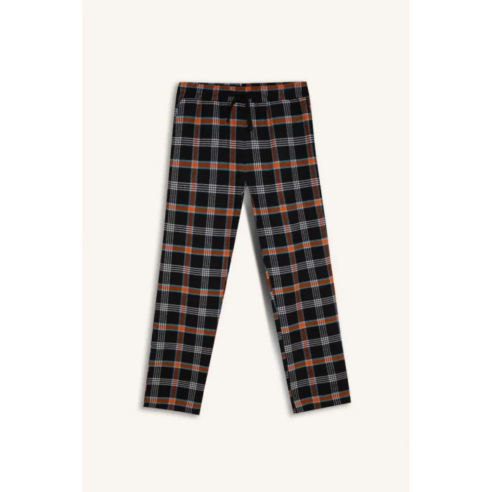 C6122 Regular Fit Bisiklet Yaka Basic Düz Uzun Kollu Üst Kareli Uzun Alt Pijama Takımı