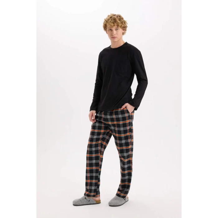 C6122 Regular Fit Bisiklet Yaka Basic Düz Uzun Kollu Üst Kareli Uzun Alt Pijama Takımı