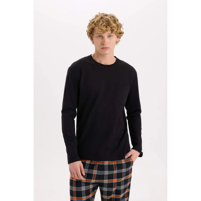 C6122 Regular Fit Bisiklet Yaka Basic Düz Uzun Kollu Üst Kareli Uzun Alt Pijama Takımı