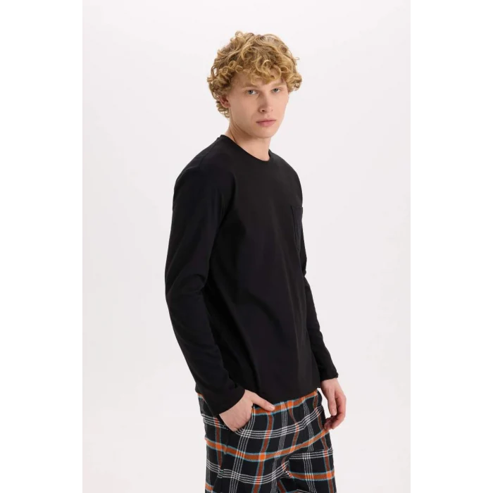 C6122 Regular Fit Bisiklet Yaka Basic Düz Uzun Kollu Üst Kareli Uzun Alt Pijama Takımı