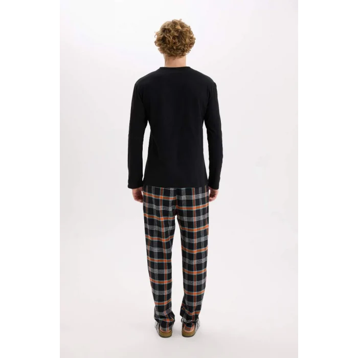 C6122 Regular Fit Bisiklet Yaka Basic Düz Uzun Kollu Üst Kareli Uzun Alt Pijama Takımı