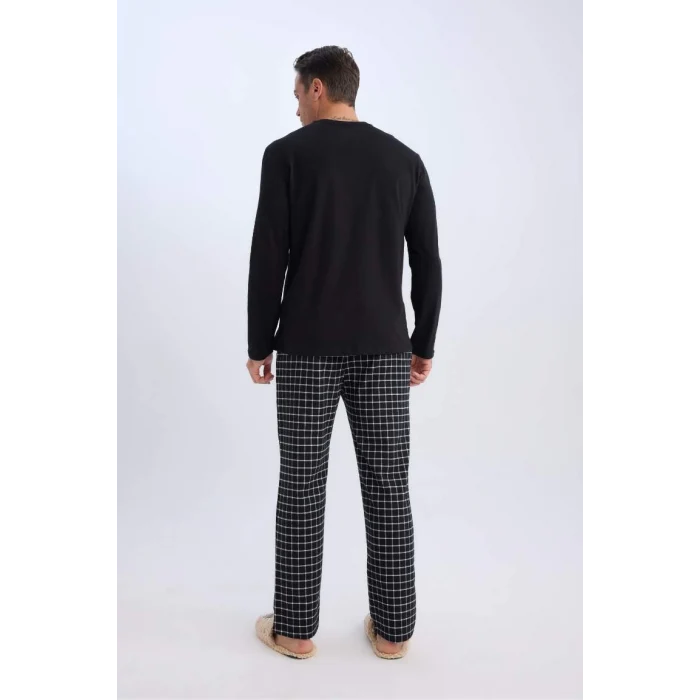 C6124 Regular Fit Bisiklet Yaka Uzun Kollu Üst Kareli Uzun Alt Pijama Takımı