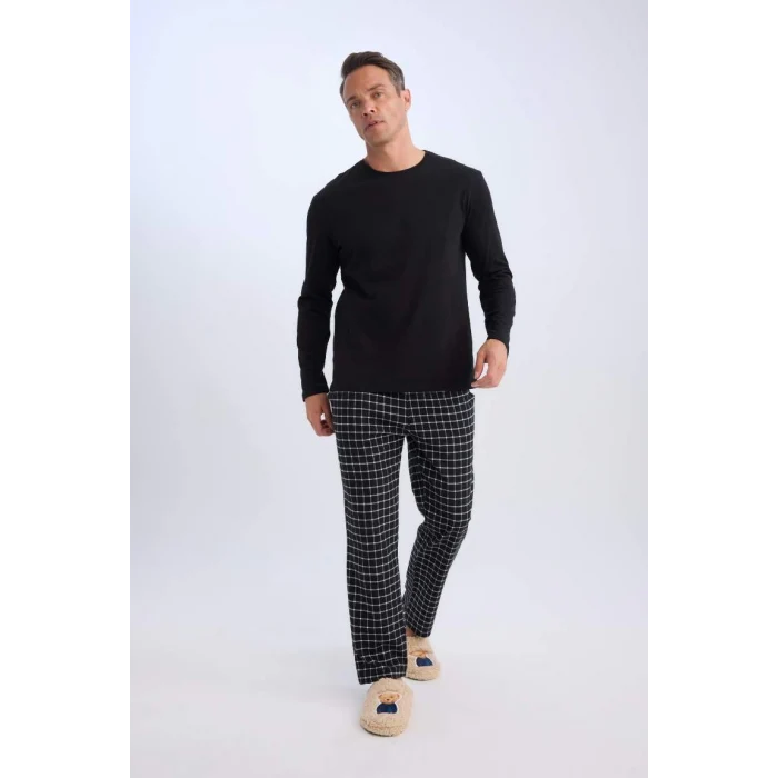 C6124 Regular Fit Bisiklet Yaka Uzun Kollu Üst Kareli Uzun Alt Pijama Takımı