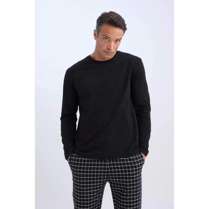 C6124 Regular Fit Bisiklet Yaka Uzun Kollu Üst Kareli Uzun Alt Pijama Takımı