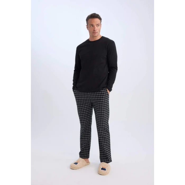 C6124 Regular Fit Bisiklet Yaka Uzun Kollu Üst Kareli Uzun Alt Pijama Takımı