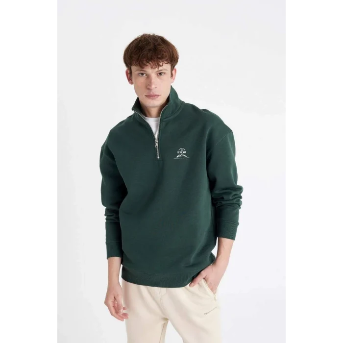 C6132 Comfort Regular Fit Rahat Kalıp Fermuarlı Dik Yaka Yazı Baskılı Sweatshirt