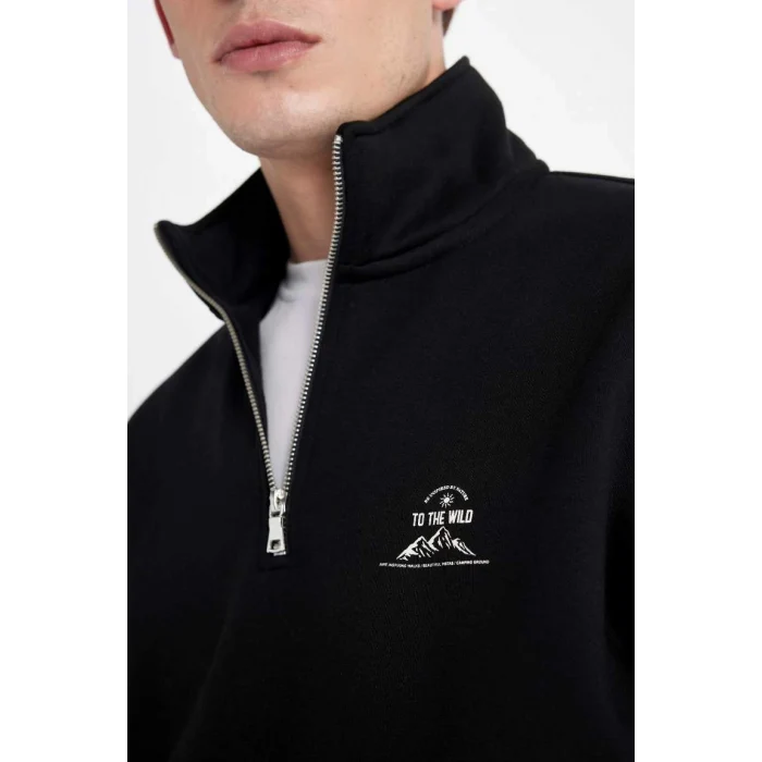 C6132 Comfort Regular Fit Rahat Kalıp Dik Yaka Yarım Fermuarlı Baskılı Sweatshirt