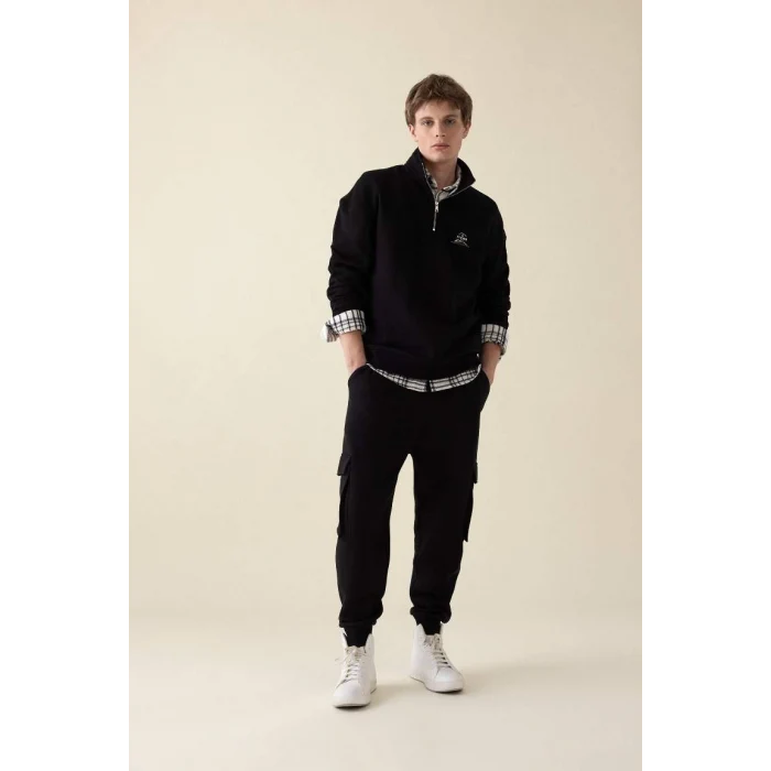 C6132 Comfort Regular Fit Rahat Kalıp Dik Yaka Yarım Fermuarlı Baskılı Sweatshirt