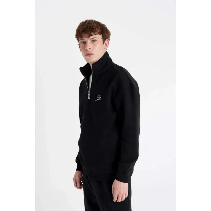 C6132 Comfort Regular Fit Rahat Kalıp Dik Yaka Yarım Fermuarlı Baskılı Sweatshirt