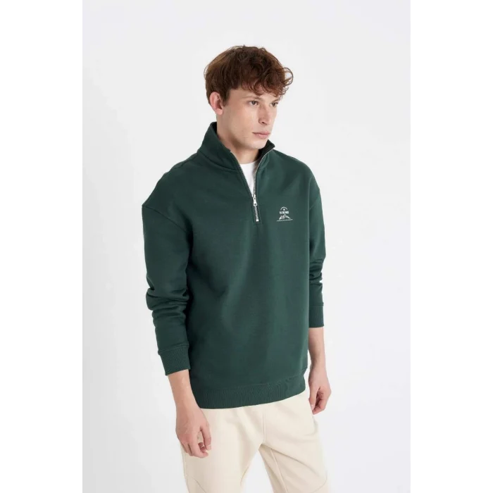 C6132 Comfort Regular Fit Rahat Kalıp Fermuarlı Dik Yaka Yazı Baskılı Sweatshirt