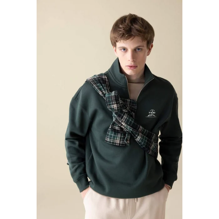 C6132 Comfort Regular Fit Rahat Kalıp Fermuarlı Dik Yaka Yazı Baskılı Sweatshirt