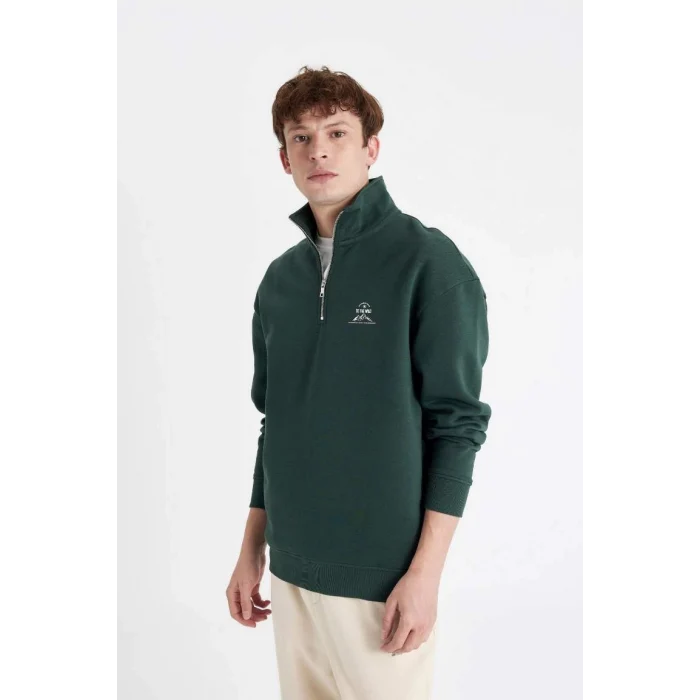 C6132 Comfort Regular Fit Rahat Kalıp Fermuarlı Dik Yaka Yazı Baskılı Sweatshirt