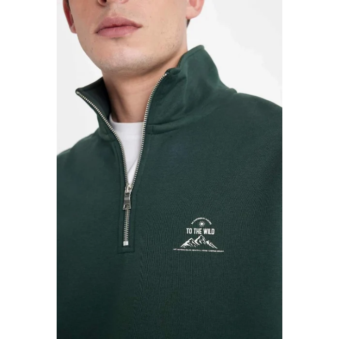 C6132 Comfort Regular Fit Rahat Kalıp Fermuarlı Dik Yaka Yazı Baskılı Sweatshirt