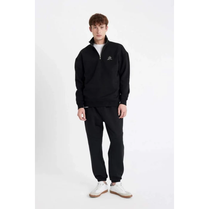 C6132 Comfort Regular Fit Rahat Kalıp Dik Yaka Yarım Fermuarlı Baskılı Sweatshirt