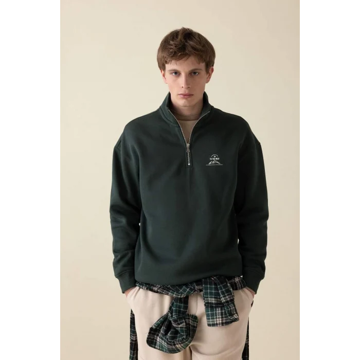 C6132 Comfort Regular Fit Rahat Kalıp Fermuarlı Dik Yaka Yazı Baskılı Sweatshirt