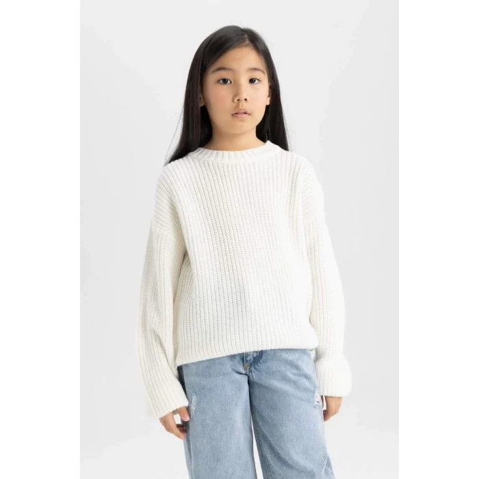 C6909 Ekru Standart Fit Bisiklet Yaka Basic Düz Triko Kazak