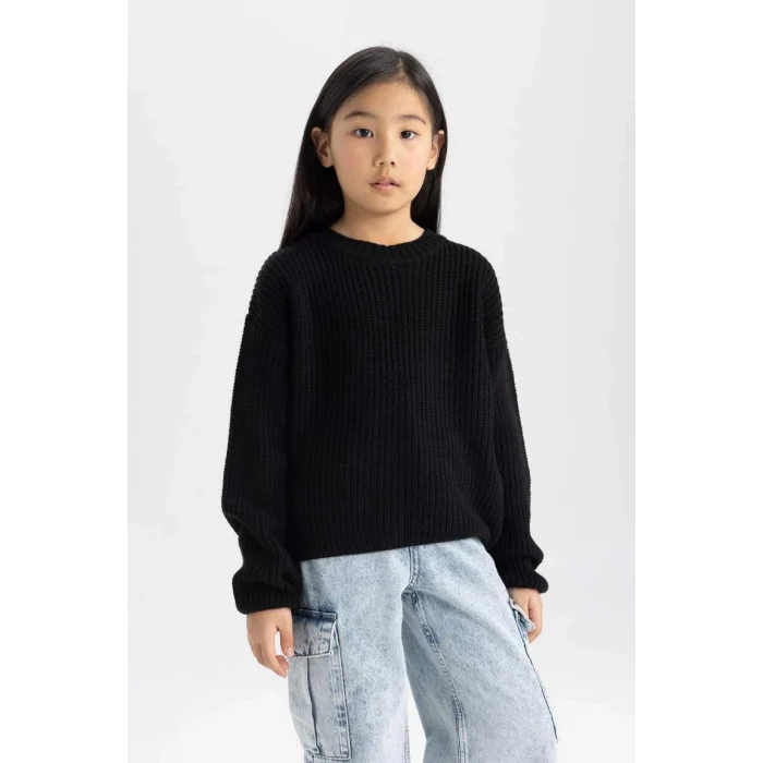 C6909 Siyah Standart Fit Bisiklet Yaka Basic Düz Triko Kazak