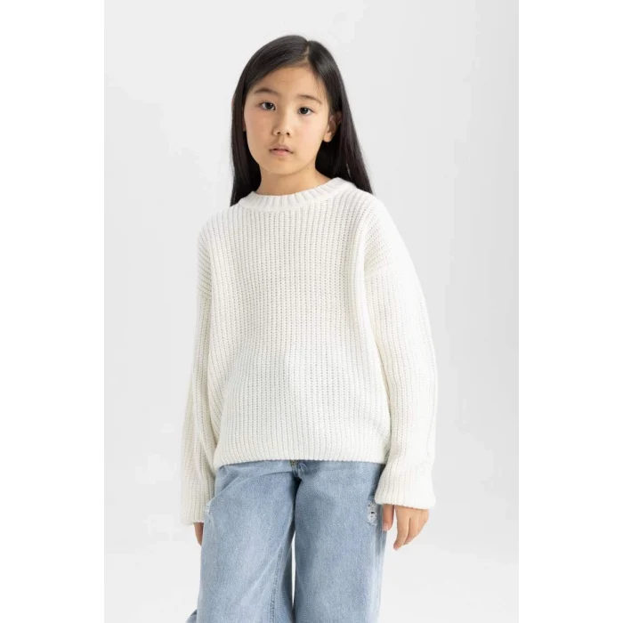 C6909 Ekru Standart Fit Bisiklet Yaka Basic Düz Triko Kazak