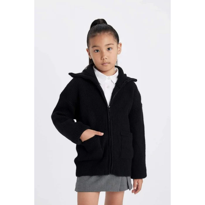 C6924 Triko Basic Dik Yaka Fermuarlı Cepli Siyah Okul Hırkası